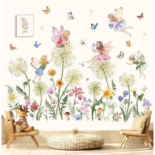 wondever Dandelion Fairy Wall Stickers Elves Flower Butterfly Peel and Stick Wall Art Decals for Girls Bedroom Kids Room Baby Nursery