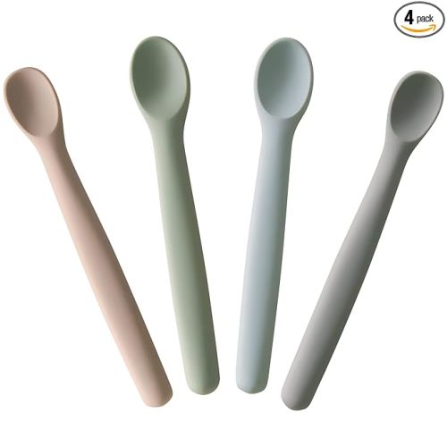 Moonkie Silicone Baby Spoons Set of 4, Toddler Spoons for Self Feeding 6 Months, Two Sizes Feeding Spoons for First Stage 4+ Months, Baby Utensils, Bendable, Chewproof & Boil-proof (Without Case)