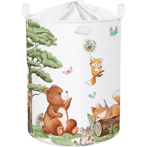 Forest Animals Baby Laundry Hamper Collapsible Clothes Kids Storage Basket Bear Fox Large Boys Girls Gift Toy Box Bin for Nursery, Squirrels, 63L