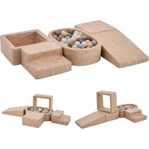 Soft Foam Climbing Blocks Set for Toddlers – 5-Piece Oval Ball Pit & Play Structure with Light Wood Grain Leather, Indoor Soft Play Gym, Montessori Activity Toys for Kids(78.7"×29.9"×27.9")