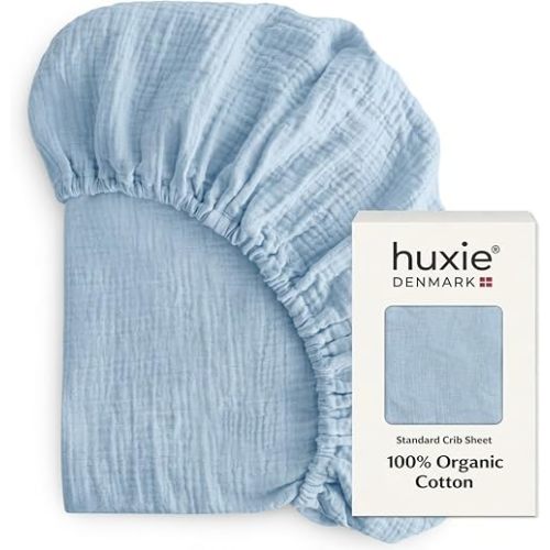 Crib Sheets – Organic Cotton Muslin Fitted Crib Sheet – Standard Size for Baby Boy 28" x 52" Ultra-Soft and Breathable (Baby Blue)