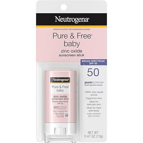 Neutrogena Pure & Free Baby Mineral Sunscreen Stick with Broad Spectrum SPF 50 & Zinc Oxide, Water-Resistant, Hypoallergenic, Paraben-, Dye- & PABA-Free Baby Face & Body Sunscreen, 0.47 oz