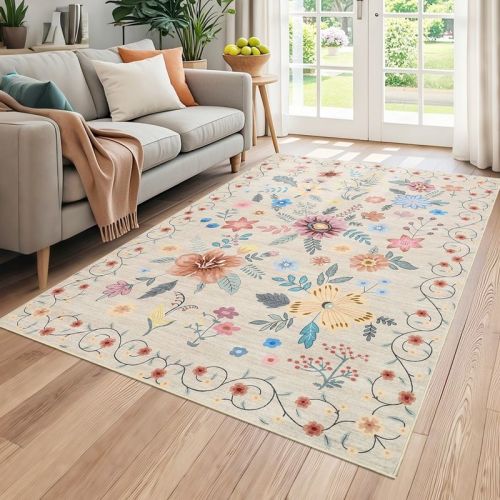 Washable Floral Rugs 4x6 Soft Boho Non Slip Flower Living Room Carpet Low Pile Area Rug for Dining Room Playroom Bedroom Indoor, Beige