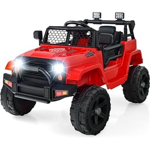 OLAKIDS Kids Ride On Truck, 12V Electric Vehicle Jeep Car with Remote Control, Toddlers Battery Powered Toy with 2 Speeds, Spring Suspension, Double Open Doors, LED Lights, Music, TF,USB, Mp3 (Garnet)