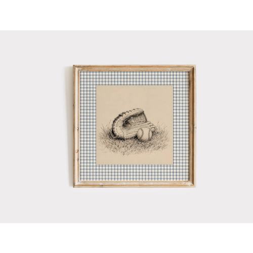 Vintage Baseball Nursery Decor, Baseball Glove and Ball Print, Sports Nursery Wall Art, Blue Gingham Storybook Decor