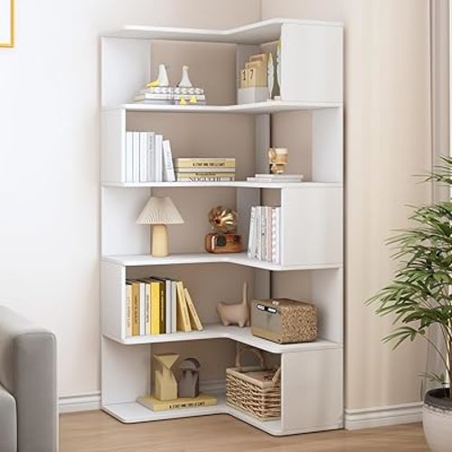 IOTXY 6-Tier L-Shaped Corner Bookshelf - 66" Tall Wooden Freestanding Bookcase with Open Shelf Units, White