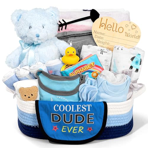 iAOVUEBY Baby Gift Set for Newborn, New Baby Boy Gift Basket, Newborn Essentials Hat Onesie Bear Toys Keepsake Blanket Infant Diaper Changing Pad Bibs, Baby Shower Gifts for Boys