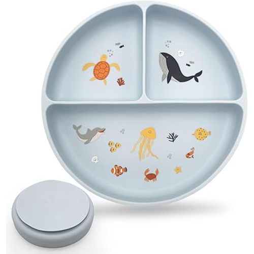 Silicone Suction Plates with Dividers - Grip Plates for Babies 6-12 Months and Toddlers 1-3, Toddler and Baby Dishes, Baby Led Weaning Essentials, Dishwasher Safe (Blue - Under the Sea)