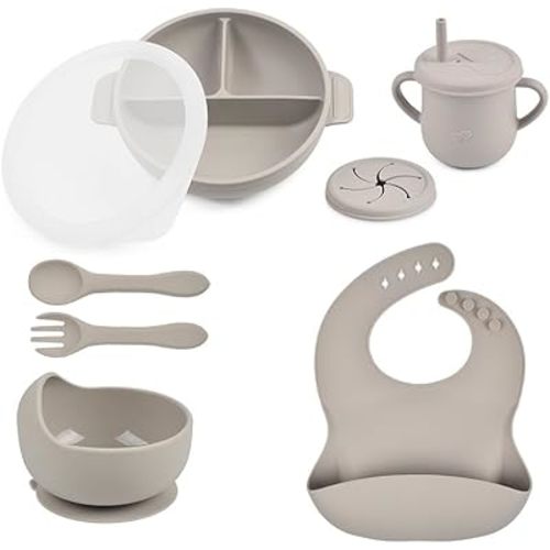 Silicone Baby Feeding Set - Perfect silicone plates for baby and Toddler Plates with lid, Baby Bowls with Suction, Baby Utensils - Baby Led Weaning Supplies and Eating Essentials - (Gray)
