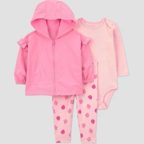 Carter's Just One You® Baby Girls' 3pc Strawberry Hooded Zip-Up Sweatshirt with Bodysuit and Leggings Set - Pink 3M