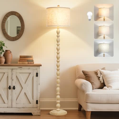 62" Floor Lamps for Living Room, Adjustable Color Temperature Standing Lamp, Vintage Farmhouse Floor Lamp with Rotary Switch, Rustic Resin Tall Lamps for Living Room, Bedroom, Office, Corner (Cream)