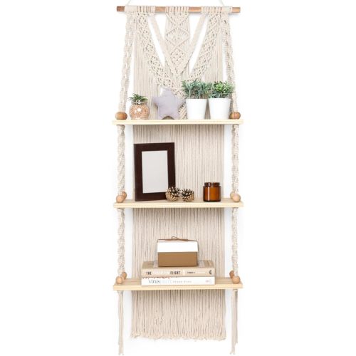 Macrame Wall Hanging Shelf 3 Tier - Boho Bedroom Decor | Macrame Wall Decor | Boho Shelf Decor, Hanging Shelves for Wall, Woven Rope Floating Wood Shelves & Storage for Small Plants