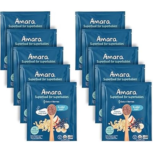 Amara Organic Baby Food | Oats and Berries | Baby Cereal to Mix With Breastmilk, Water, or Baby Formula | Baby Food Pouches, Made from Organic Fruit and Veggies | Stage 2 | 10 Pouches