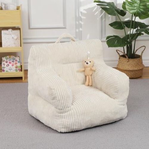 Kids Bean Bag Chair with a Plush Bear, Comfy Toddler Chair for Boys and Girls, Beige