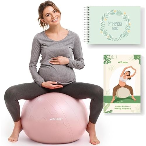 Trideer Pregnancy Birthing Ball - 1.7mm Extra Thick Yoga Ball for Maternity, Labor, Exercise, Physio, Recovery - Guide & Baby Memory Book Included - 440LB Anti-Burst & Non-Slip Stability