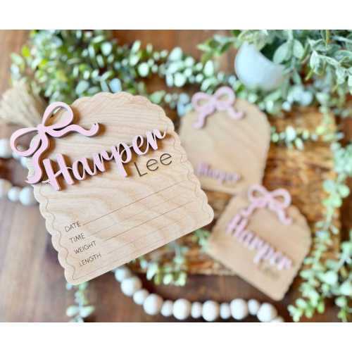 Birth Stat Sign | Baby Girl Announcement Sign for Hospital | Newborn Baby Photo Props | Bow Baby Name Sign