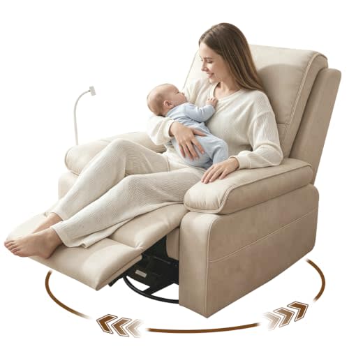 360° Swivel Glider Rocking Chair Nursery， Oversized Recliner with Phone Holder，Nursing Chairs for Breastfeeding with Wide Foot Rest for Living Room and Baby Room,Beige