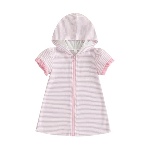 Girls Striped Swim Cover Up Beachwear Short Sleeve Zip Up Hooded Terry Swim Coverups One Piece Swimsuits Swimwear