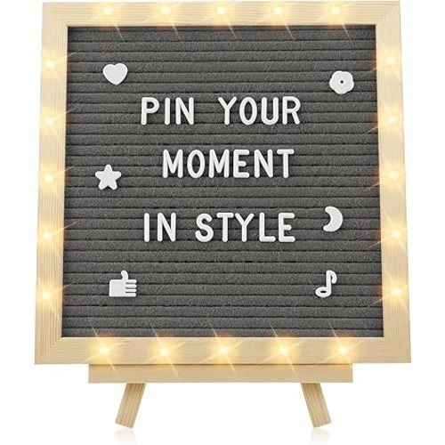 Felt Letter Board with LED Lights - 10 ×10" Custom Message Board with Changeable Letters & Stand, First Day of School Sign/Graduation/Pregnancy/Baby Announcement/Wedding/Classroom Decor, Grey