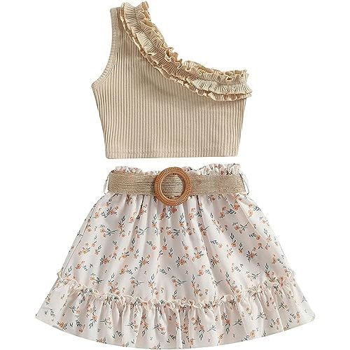 Toddler Baby Girls Floral Outfits Ruffle Off Shoulder Crop Tops + Bowknot Denim Shorts Skirts Clothes Sets