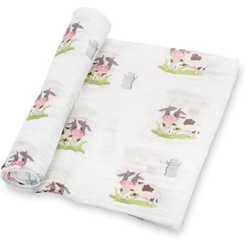 LollyBanks Swaddle Blanket, 100% Cotton Muslin Swaddle Blankets, Neutral Swaddle Blanket 47 x 47 Inches, Baby Blanket for Boys and Girls, Baby Essentials, Registry (Cow Print)