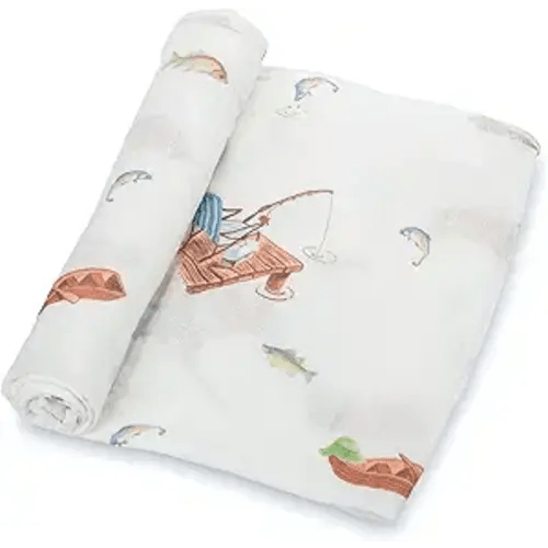 LollyBanks Baby Swaddle Blankets, 100% Organic Cotton Muslin Baby Blanket | 47" x 47", Lightweight Receiving Blanket for Nursing, Stroller, Boys & Girls (Fishing Print)