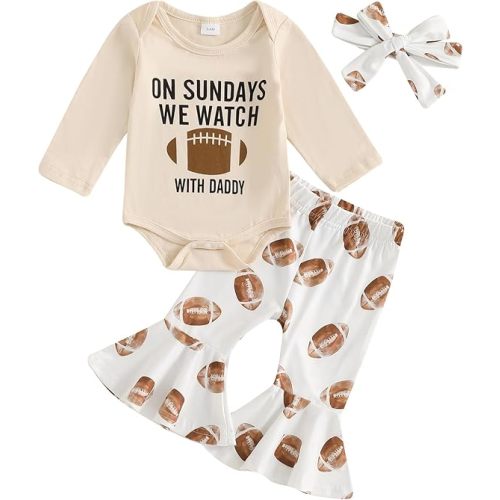 Newborn Baby Girl Football Outfit On Sundays We Watch Football with Daddy Romper and Bell Bottom Pants Headband Set