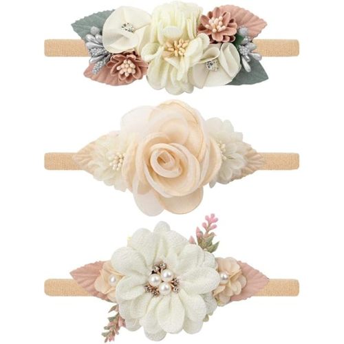 VOBOBE Baby Girl Nylon Headbands Infant Flower Elastic Hair band Bows Wraps For Newborn Toddler Hair Accessories Pack of 3 (A-Beige)