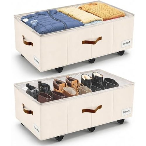 Under Bed Storage with Wheels,Underbed Storage with Sturdy Sidewalls/Bottom, Clear Cover, Label and PU Handle, Rolling Under Bed Drawers for Clothes, Shoes, 11 Inch Height,Beige, 2 Pack