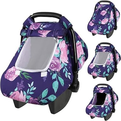 Windproof Baby Car Seat Cover, 3D Mink Dot Infant Car Seat Canopy with Breathable Mesh Window, Baby Carrier Cover for All Seasons, Easy Access Carseat Carrier Snug Fit Infant Stroller(Purple Flower)
