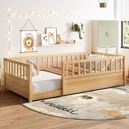 Bellemave Twin Size Floor Bed with Slats and Fence, Twin Size Montessori Floor Bed with Rails, Easy Assemble Montessori Beds Frame for Bedroom, Natural
