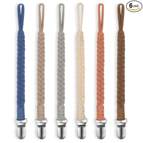 Pacifier Clip for Boys and Girls, 6 Pack Baby Pacifier Holder Leash 100% Handmade Braided Fits All Pacifiers & Teething Toys Modern Unisex Baby Gift