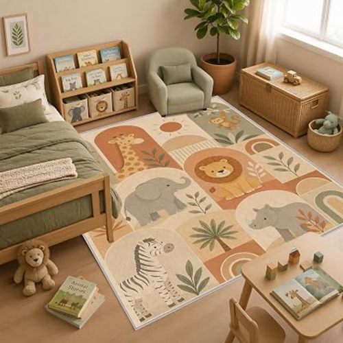 Modern Safari Nursery Rug 4x5, Washable Kids Room Rug with Animal Arch Blocks Design, Soft Low Pile Non Slip Area Rug for Baby Room Playroom Bedroom Decor