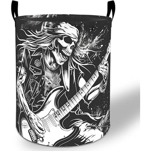 Rock Skull Laundry Basket Hamper 19.7"x15.8", Music Foldable Waterproof Oxford Clothes Storage Bucket for Room Bathroom Bedroom Nursery Decor, Toy Organizer Bins Gifts for Kids Boys Girls