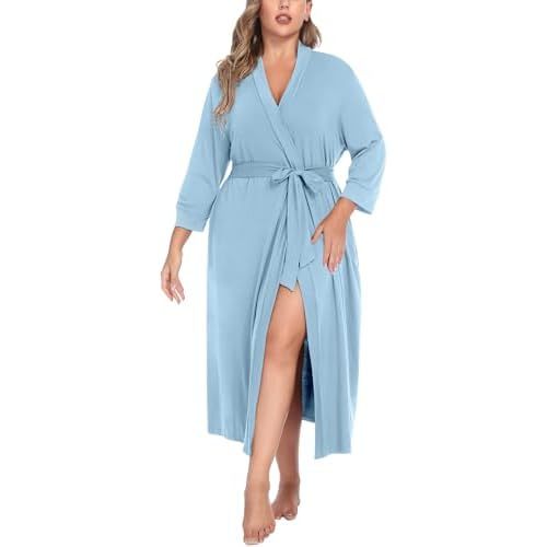 IN'VOLAND Womens Plus Size Kimono Robes Long Knit Bathrobe V Neck Ladies Loungewear Lightweight Soft Sleepwear 1X-5X