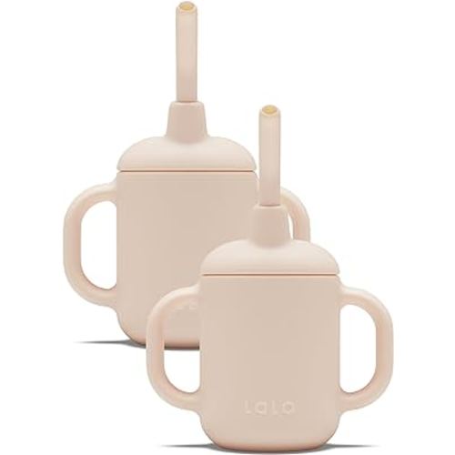 Lalo Little Cup 2-Pack, Non-Toxic Silicone Straw Cup with Handles - Baby and Toddler Sippy Cup - Mini Cup and Straw Training System, 4oz, Grapefruit