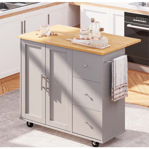 Walsunny 40" Kitchen Islands Carts with Storage Drop Leaf Countertop on Wheels Rolling Microwave Utility Carts with 3 Drawers 1 Storage Cabinets,Gray