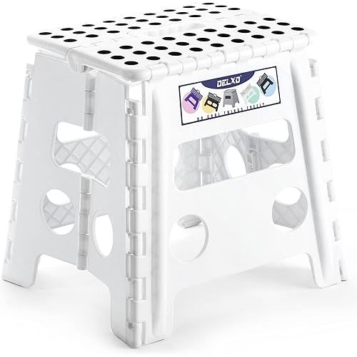 Delxo 13 inch Folding Step Stool, Non-Slip Foldable Stools Up to 300 LBS, Step Stool with Handle, Lightweight for Kitchen, Bathroom, Bedroom, Garden, White, 1PC