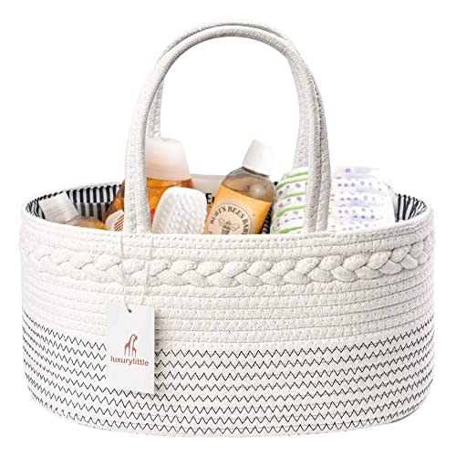 luxury little Diaper Caddy Organizer, Large Cotton Rope Nursery Baby Basket, Changing Table Organizer for Baby Diaper Storage, Portable Car Organizer Removable Divider (Off White, Large)
