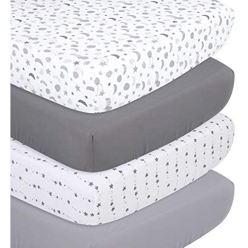 The Peanutshell Grey Moon & Stars Fitted Crib Sheet Set, Unisex 4 Pack Celestial Print, Grey & White