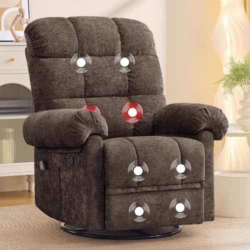 Korser 360° Swivel Rocker Recliner Chair, Rocking Chair Nursery with Massage and Heat, Small Recliners for Small Spaces, Manual Recliner Chair with Cozy Chenille Fabric, Side Pockets for Living Room