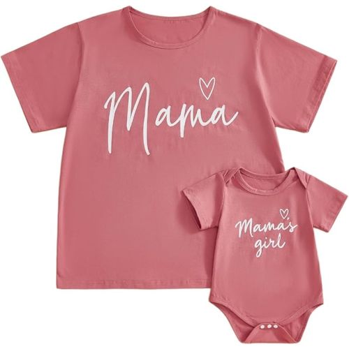 Karwuiio Mommy and Me Outfits Cute Letter Print Short Sleeve Shirt Baby Girl Romper Summer Toddler Matching Outfit