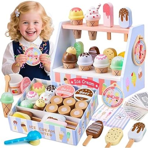 Ehome Wooden Ice Cream Toys Set Pretend Play Food Store for Kids Serve Ice Cream Counter Shop Kitchen Playset with Lucky Wheel, Scoop, Menu, Fake Money for Boys and Girls Ages 3 4 5 6 Birthday Gift