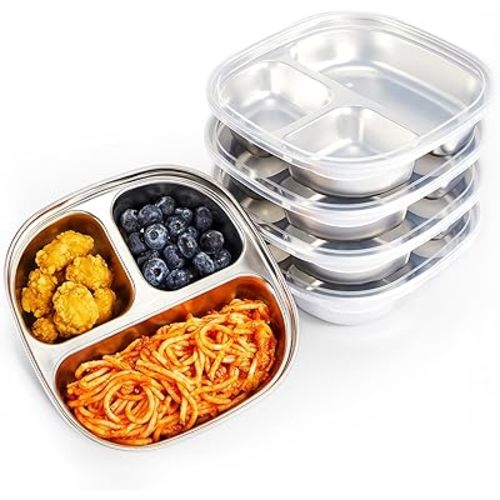 MIMORE Stainless Steel Kids Plates - 5 Pack Toddler Plates with Lids - Non Toxic & Divided (Stainless Steel)