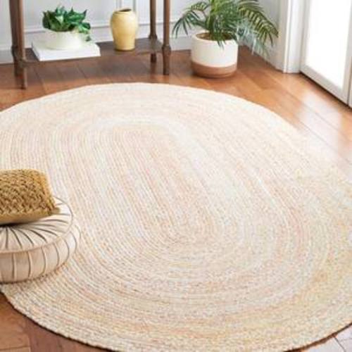 Braided 6 ft. x 8 ft. Oval Beige Solid Color Striped Area Rug