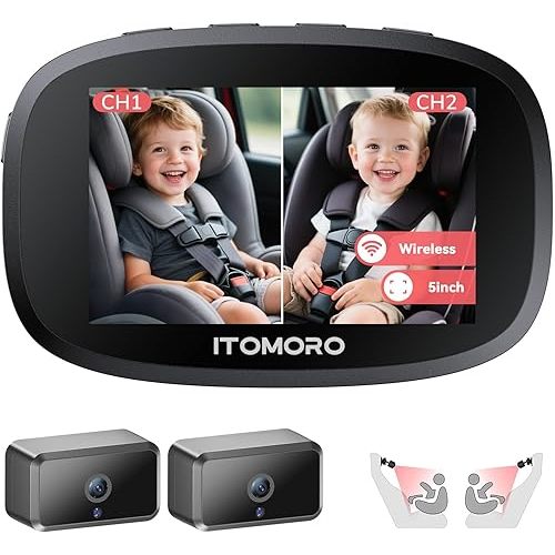 Itomoro Wireless Dual Baby Car Camera for 2 Kids, 5'' Rechargeable Split Screen HD Display with 2 Cameras, Car Monitor for Baby Max Range 1000FT, IR Night Vision, 360° Rotatable Rear Facing Mirrors