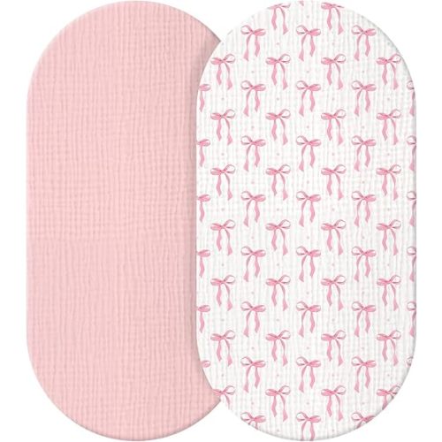 Breling 2 Pcs Muslin Pink Bow Bassinet Sheets for Baby Girl Soft and Breathable 100% Cotton Bassinet Baby Bed Sheets Fitted Coquette Bow Mattress Cover for 32''x 16'' Oval Cradle