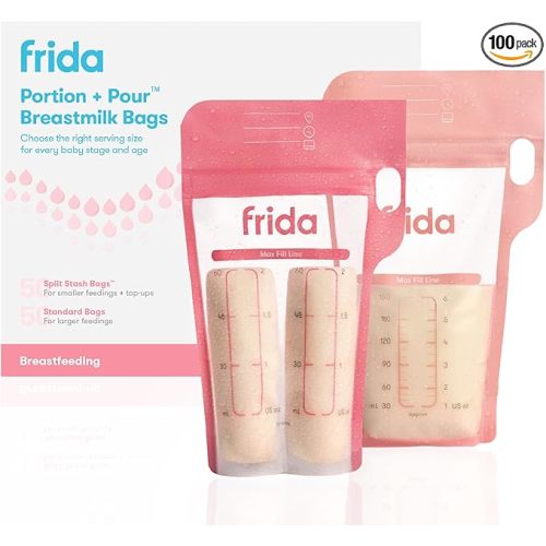Frida Mom Breastmilk Storage Bags, 100ct Variety Pack, Standard & Splitstash Freeze & Thaw Milk Bags for Breastmilk, Leakproof Seal, Perfect Pour Spout, Precise Portions, No Slip Finger Grip, BPA Free
