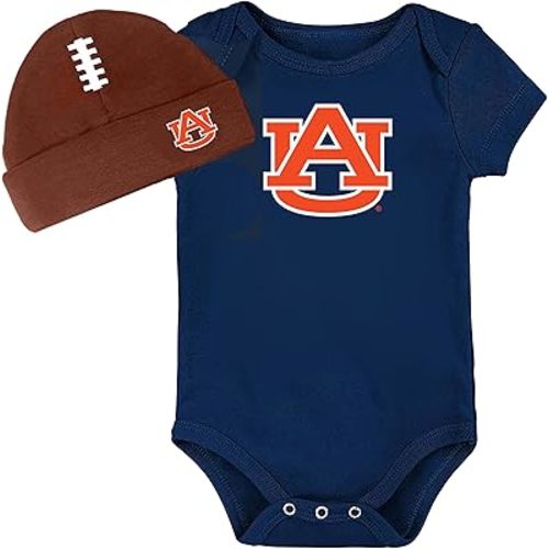 Auburn Tigers Baby Navy Onesie and Brown Football Cap Set