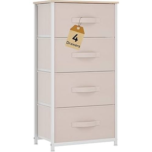 DWVO Storage Tower with 4 Drawers - Fabric Dresser, Organizer Unit for Bedroom, Living Room, Closets - Sturdy Steel Frame, Easy Pull Fabric Bins & Wooden Top (Cream White)